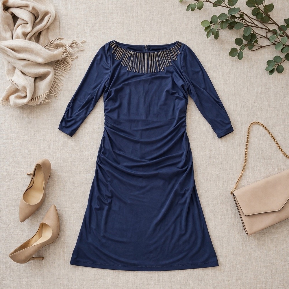 Adrianna Papell Petite Blue Ruched Beaded Fringe Sheath Dress 12P 3/4 Sleeve